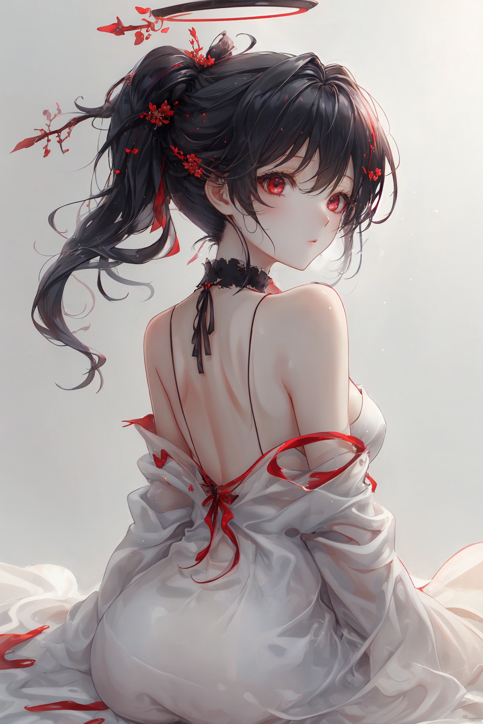 (masterpiece),(best quality),high quality,colorful,solo,1girl,(straight hair,Black hair，long hair,colored inner hair,hair between eyes),red eyes，beautiful eyes，(Red Thorn Halo)，pointy ears, medium breasts, cleavage, clavicle,arms behind back,