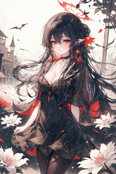  (masterpiece),(best quality),high quality,colorful,solo,1girl,straight hair,Black hair，long hair,colored inner hair,hair between eyes,red eyes，beautiful eyes，Red Thorn Halo，Bat wings，pointy ears,large breasts，Thorax, cleavage, clavicle，black choker，black nightgown，jacket，black pantyhose，night, stars, on the beach,arms behind back ,night, stars,Starlight, Milky Way, Universe, Planet,Flower bed, black flowers, red flowers, white flowers