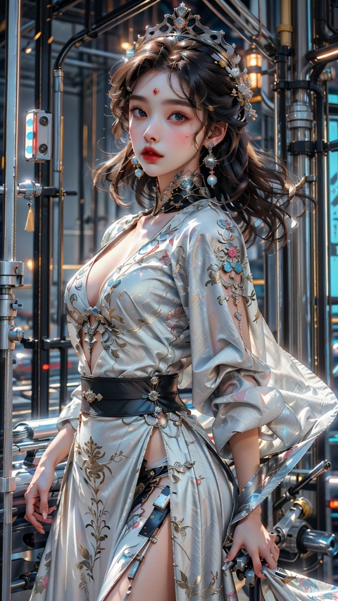 Girl, solo, female focus, (Hanfu) (kimono) (skirt), long hair, (future technology), (machinery), (cyber color) (prosthesis) Red lips, bangs, earrings, kimono, Chinese cardigan, print, tassel, (face) (positive light),
Element whirlwind, Chinese dragon _ imagination _ _ cloud _ fire cloud _ dragon, Chinese architecture.

((Masterpiece), ((Very Detailed CG Unity 8K Wallpaper)), Best Quality, High Resolution Illustrations, Amazing, Highres, (Best Lighting, Best Shading, A Very Refined and Beautiful), (Enhanced) ·, 1 girl, Light-electric style, 1girl,shining, drakan_longdress_dragon crown_headdress, chineseclothes,dress