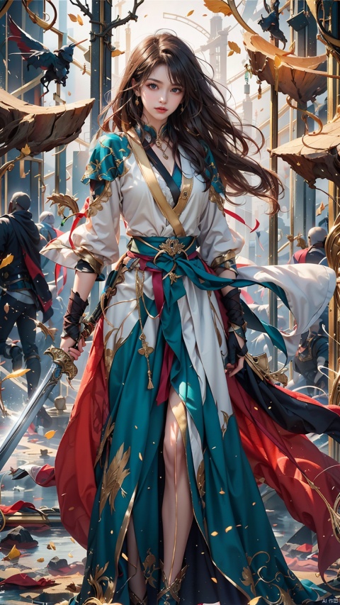 1girl, solo, long hair, looking at viewer, black hair, dress, jewelry, closed mouth, standing, full body, weapon, sky, sword, cloud, water, from side, chinese clothes, green dress, planted, planted sword
​(Masterpiece), (Very Detailed CG Unity 8K Wallpaper), Best Quality, High Resolution Illustrations, Stunning, Highlights, (Best Lighting, Best Shadows, A Very Delicate And Beautiful), (Enhanced) ·, Long, Mechanical, Knife Rune, Tree Law Background