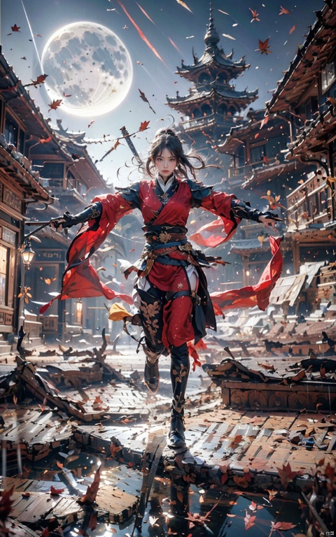  1 girl, blue eyes, red long hair, red armor, Chinese armor, red shawl, sporty posture, holding sword handle, long sword, blade reflective, Chinese style ancient building, standing on the roof, night, moon, moonlight, outdoor, falling leaves, rain, floating water droplets, splashing, rippling.

(Masterpiece), (Very Detailed CGUnit 8K Wallpaper), Best Quality, High Resolution Illustrations,