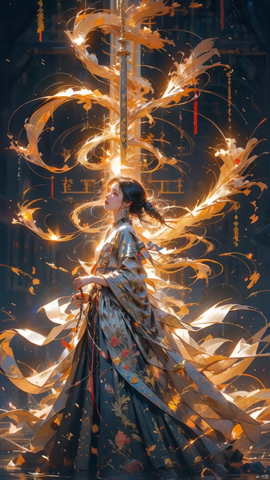  (Looking up) (Positive Light) Female Focus, Sword (Straight Sword) (Huge Water Phoenix, Asuka)
Red lips, bangs, earrings, kimono, Chinese cardigan, print, tassels
Element Cyclone, Chinese Architecture, Light-electric style, 1girl, yiwenrudao\(xiuxian\), long