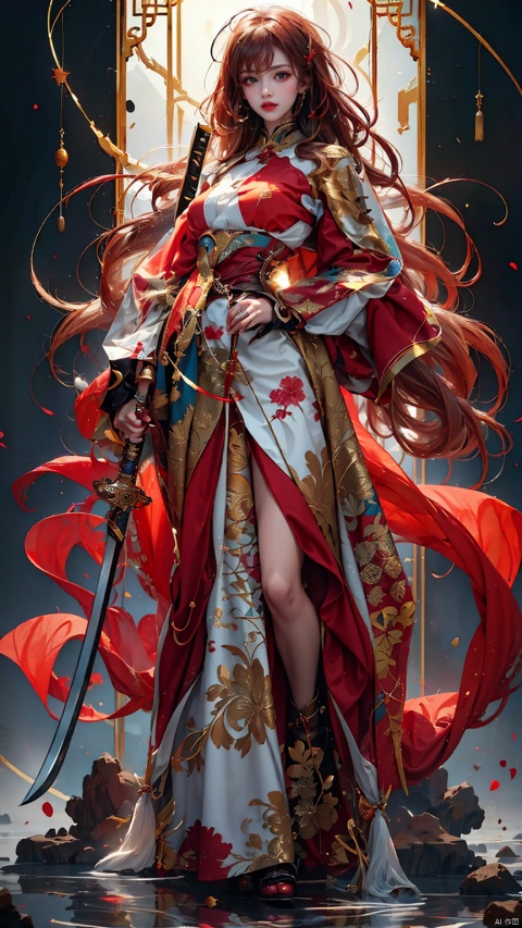 One girl, solo, female focus, (Chinese dress) and red lips, bangs, earrings, kimono, Chinese cardigan, printed cloth, tassel, hand-held samurai knife.
 (Masterpiece), (Very Detailed CGUnity 8K Wallpaper), Best Quality, High Resolution Illustrations, Stunning, Highlights, (Best Lighting, Best Shadows, A Very Delicate And Beautiful), (Enhanced) ·, long