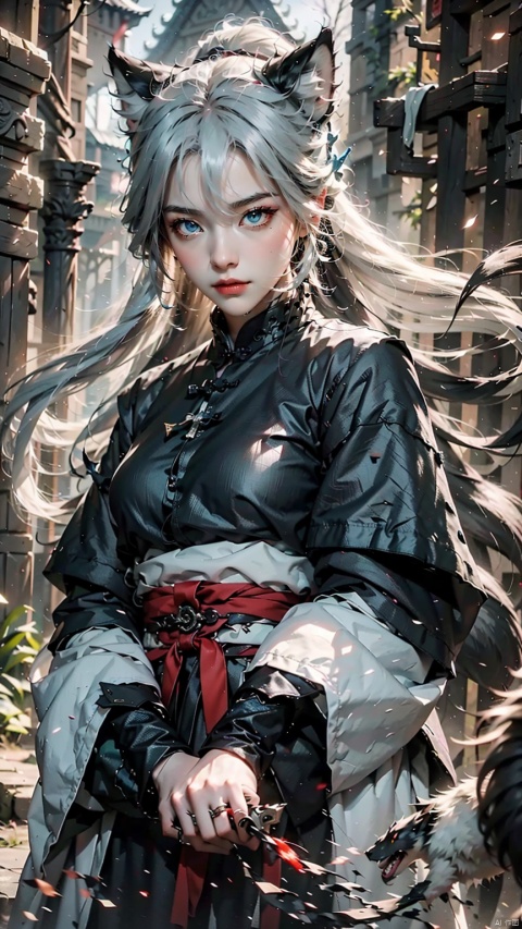  1 Girl, Ancient Chinese Hanfu, Blue Eyes, White Hair, Long Sleeve, Dynamic Pose, Ancient Chinese Architecture, Huge Black Wolf Projection - Unreal, Energy Storm, Viewing Audience, Female Focus, Outdoors, Black Wolf