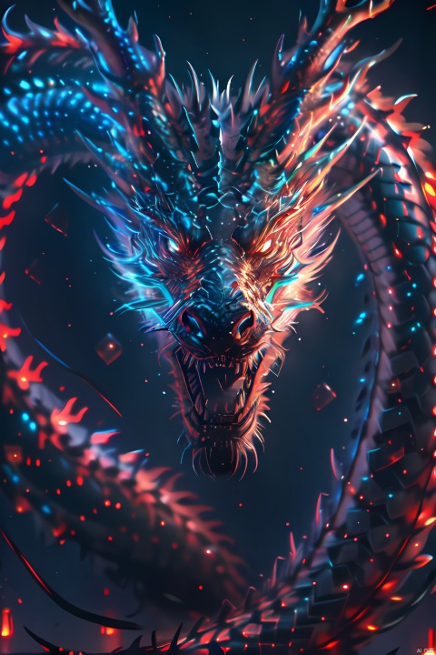 HDR, UHD, 8K, High detailed, best quality, masterpiece, (Cyber Theme) (Colorful, Neon Light) Chinese dragon - huge, solo, no humans, claws=4, tail=1, glowing scales, sharp teeth, deer antlers