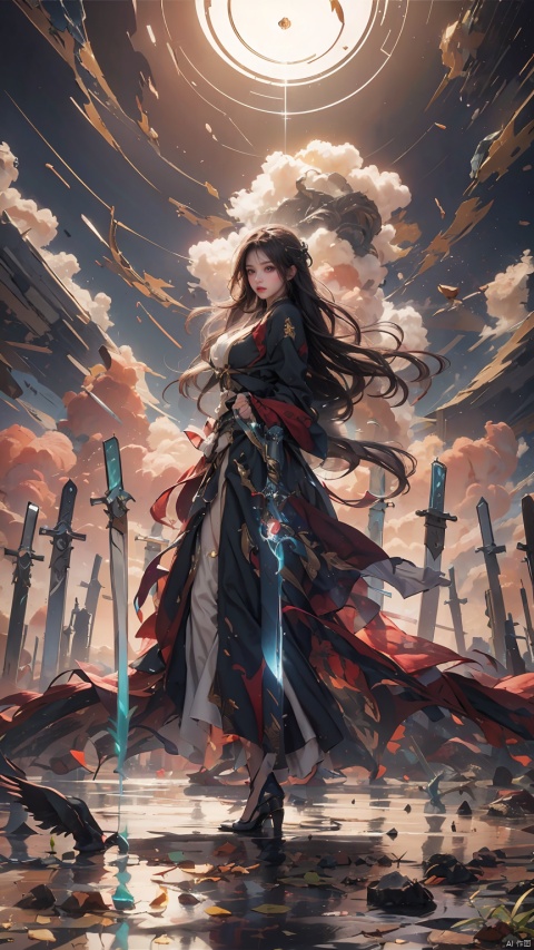 1 girl, solo, long hair, looking at viewer, black hair, dress, jewelry, closed mouth, standing, full body, weight, sky, word, cloud, water, from side, Chinese clothes, green dress, planted, with swords planted all over the ground.
Masterpiece, Very Detailed CG Unity 8K Wallpaper, Best Quality, High Resolution Illustrations, Stunning, Highlights, Best Lighting, Best Shadows, A Very Delicate And Beautiful, Enhanced, Long, Mechanical, Knife Rune, Tree Law Background