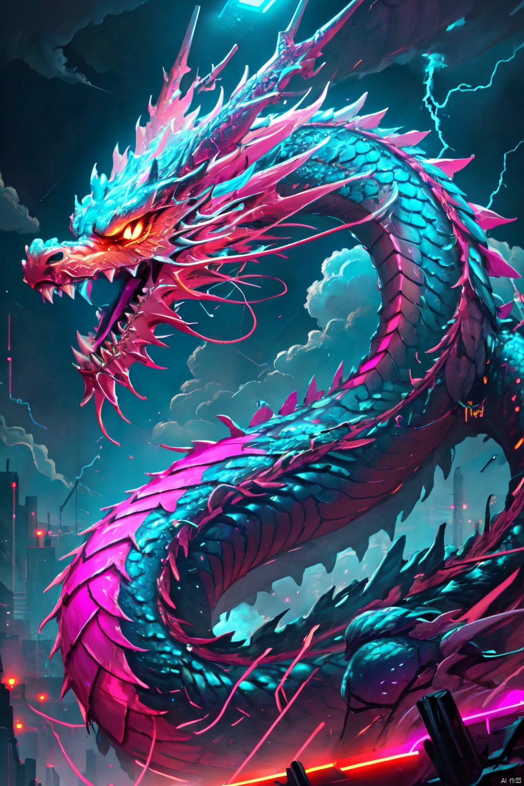  HDR, UHD, 8K, High detailed, best quality, masterpiece, (Cyber Theme) (Colorful, Neon Light) Chinese dragon - huge, (solo), no humans, glowing scales, sharp teeth, 1 pair of sharp angles, clouds, lightning