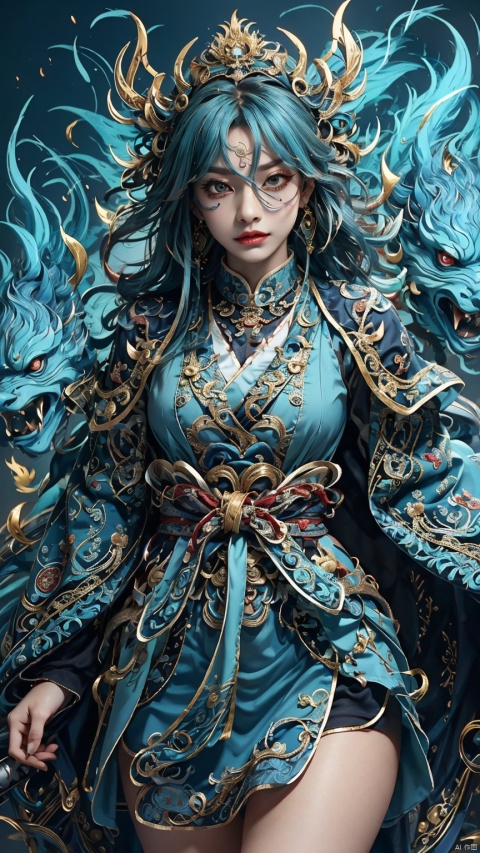 1 girl, solo, female focal point, (wearing a blue monster mask) (Japanese yaksha) (blue costume) (bright photo) (kimono) (skirt), long hair, (Chinese clothing) red lips, bangs, earrings, kimono, Chinese cardigan, print, tassels, (facing up) (front light), sword (straight sword)
Elemental whirlwind.
(Masterpiece), (very detailed CG Unity 8K wallpaper), the best quality, high-resolution illustrations, stunning, highlights, (best lighting, best shadows, a very exquisite and beautiful), (enhanced)