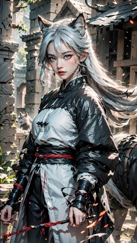 1 Girl, Ancient Chinese Hanfu, Blue Eyes, White Hair, Long Sleeve, Dynamic Pose, Ancient Chinese Architecture, Huge Black Wolf Projection - Unreal, Energy Storm, Viewing Audience, Female Focus, Outdoors, Black Wolf