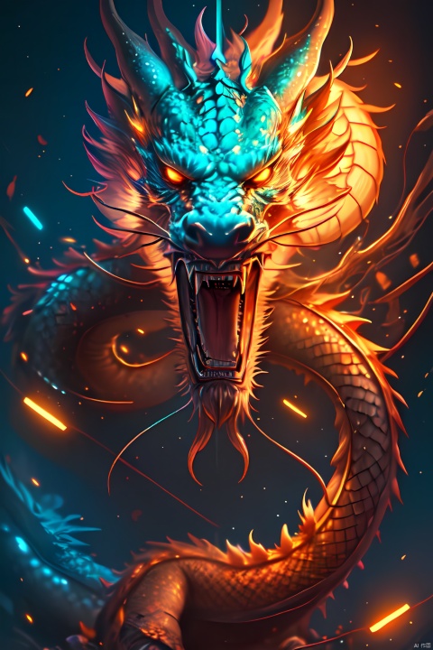 HDR, UHD, 8K, High detailed, best quality, masterpiece, (Cyber Theme) (Colorful, Neon Light) Chinese dragon - huge, (solo), no humans, glowing scales, sharp teeth, 1 pair of sharp angles, clouds, lightning
