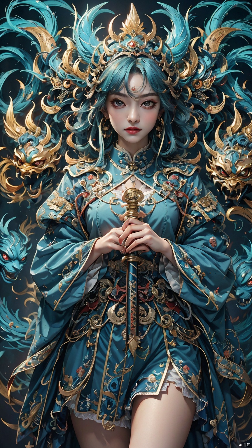 1 girl, solo, female focal point, (wearing a blue monster mask) (Japanese yaksha) (blue costume) (bright photo) (kimono) (skirt), long hair, (Chinese clothing) red lips, bangs, earrings, kimono, Chinese cardigan, print, tassels, sword (straight sword)
Elemental whirlwind.
(Masterpiece), (Detailed CG Unity 8K Wallpaper), Best Quality, High Resolution Illustrations, Amazing, Highres, (Front View) (Positive Light) (Best Lighting, Best Shadows, A Very Exquisite and Beautiful), (Enhanced)
