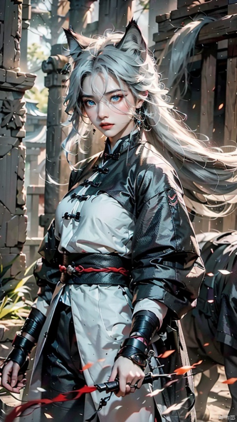  1 Girl, Ancient Chinese Hanfu, Blue Eyes, White Hair, Long Sleeve, Dynamic Pose, Ancient Chinese Architecture, Huge Black Wolf Projection - Unreal, Energy Storm, Viewing Audience, Female Focus, Outdoors, Black Wolf