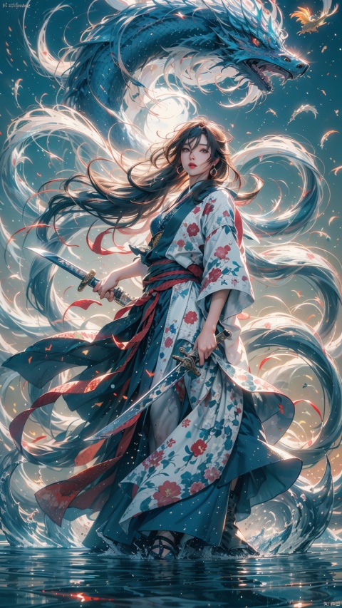 (Looking up) (Positive Light) Female Focus, Sword (Straight Sword) (Huge Water Phoenix, Asuka)
Red lips, bangs, earrings, kimono, Chinese cardigan, print, tassels
Element Cyclone, Chinese Architecture