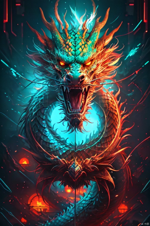 HDR, UHD, 8K, High detailed, best quality, masterpiece, (Cyber Theme) (Colorful, Neon Light) Chinese dragon - huge, (solo), no humans, glowing scales, sharp teeth, 1 pair of sharp angles, clouds, lightning