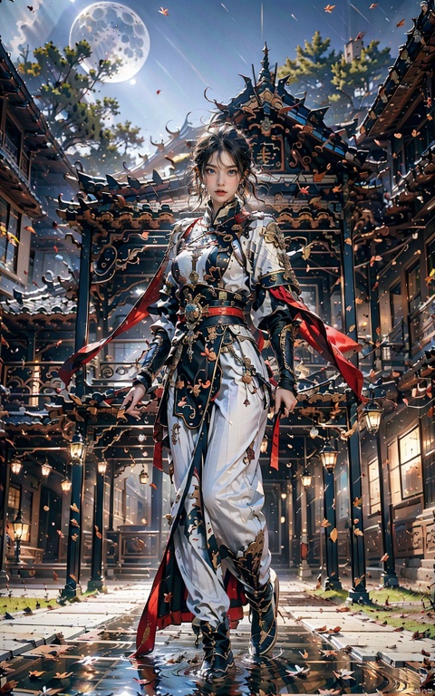 1 girl, blue eyes, red long hair, red armor, Chinese armor, red shawl, sporty posture, holding sword handle, long sword, blade reflective, Chinese style ancient building, standing on the roof, night, moon, moonlight, outdoor, falling leaves, rain, floating water droplets, splashing, rippling.

(Masterpiece), (Very Detailed CGUnit 8K Wallpaper), Best Quality, High Resolution Illustrations, Stunning, Highlights, (Best Lighting, Best Shadows, A Very Delicate And Beautiful), (Enhanced)..., long, Yu Jian Jue, Chinese style, Word Formation, Sorting through the clouds and miss.