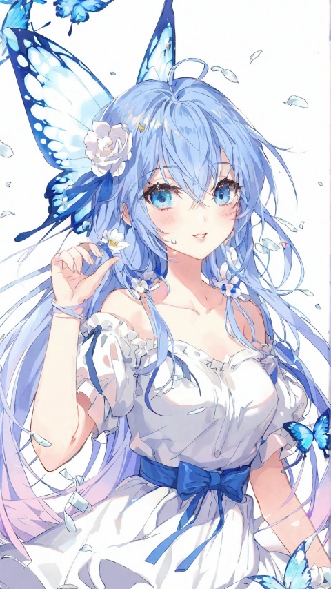 1girl, solo, long hair, breasts, looking at viewer, blush, bangs, blue eyes, simple background, hair ornament, white background, dress, ribbon, hair between eyes, medium breasts, very long hair, blue hair, collarbone, upper body, flower, short sleeves, parted lips, wings, puffy sleeves, hair flower, white dress, petals, bug, butterfly, blue flower, blue butterfly