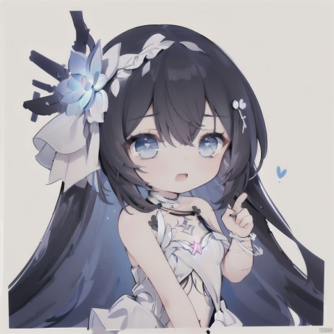  big eyes, open up mouth, in shock, amazing
,emoji,pure white background, simple drawing,chibi,white background,1girl,(dynamic pose,dynamic angle),((upper body)),black hair,hair ornament, long hair, hair flower, blue eyes, bangs,xier,barefoot,white dress, loli