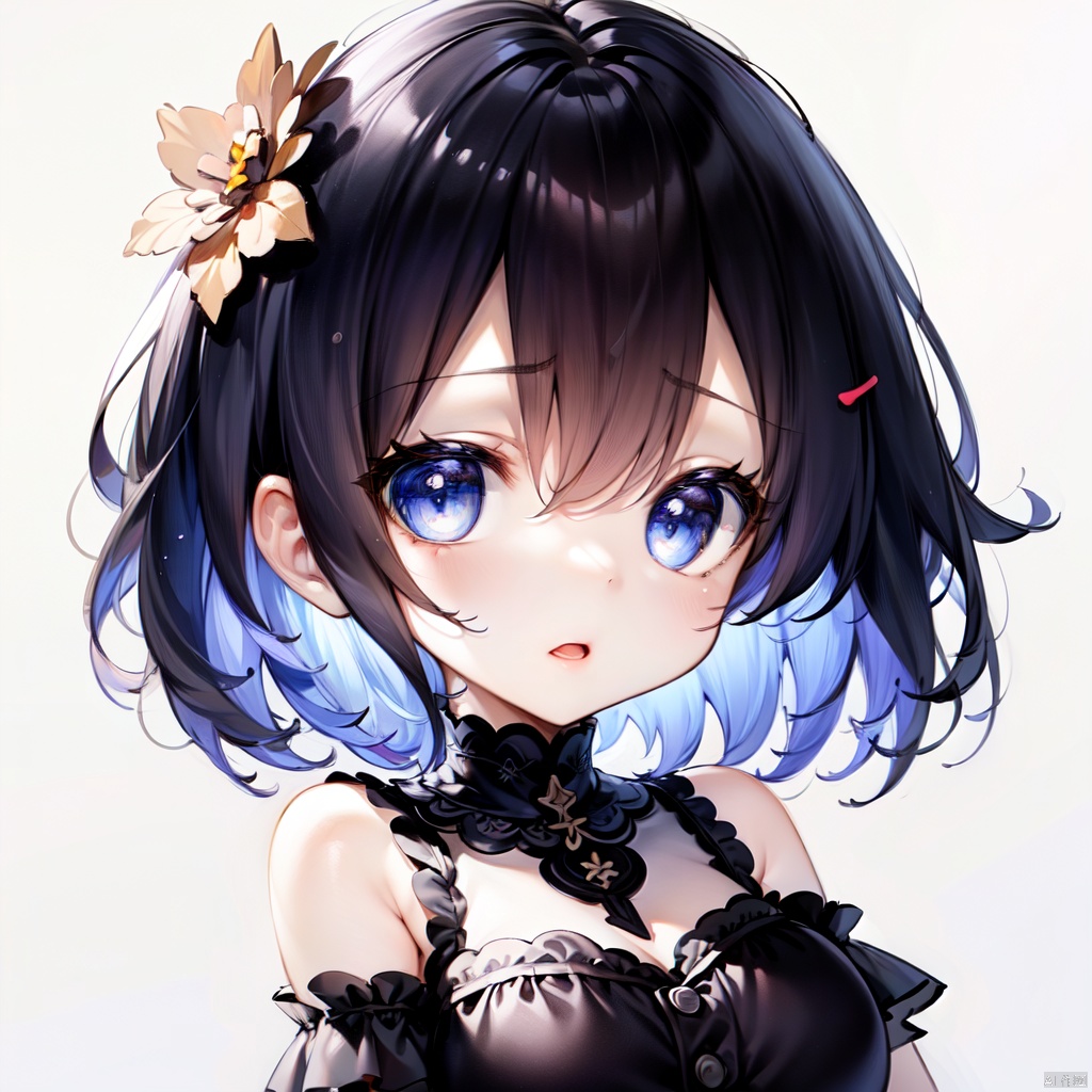  big eyes, open up mouth, in shock, amazing
,emoji,pure white background, simple drawing,chibi,white background1girl,(dynamic pose,dynamic angle),((upper body)), girl,bangs,blue eyes, short hair, blue hair, hair between eyes,blackhair,hair ornament, hairflower,