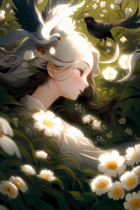 (official art, 8k wallpaper, ultra detailed, High quality, best quality),white flowers ,1girl,from above,bird's-eye_view,vintage filter,among flowers, backlight,limited_palette,white,field s of flowers, wmchahua, guofeng