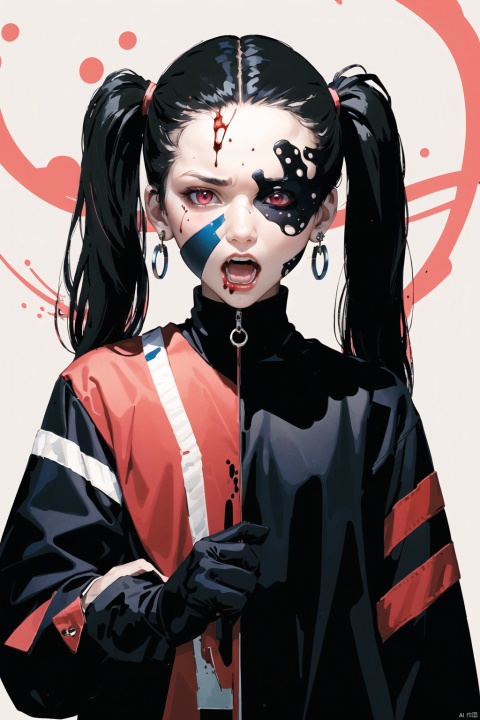  kp,1girl, solo, long hair, looking at viewer, open mouth, bangs, simple background, black hair, gloves, long sleeves, holding, twintails, jewelry, jacket, upper body, earrings, teeth, black gloves, pink eyes, black jacket, blood, piercing, ear piercing, bandaid, green background, chainsaw,