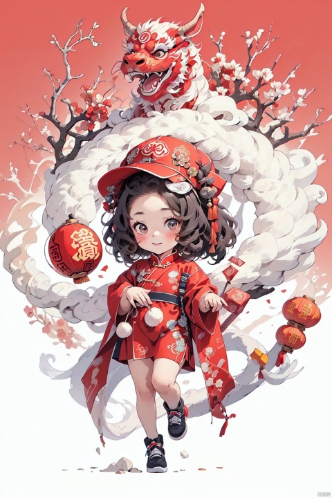 1girl,kp,eastern dragon,chibi,chinese_clothes,(red background:1.3),chinese new year