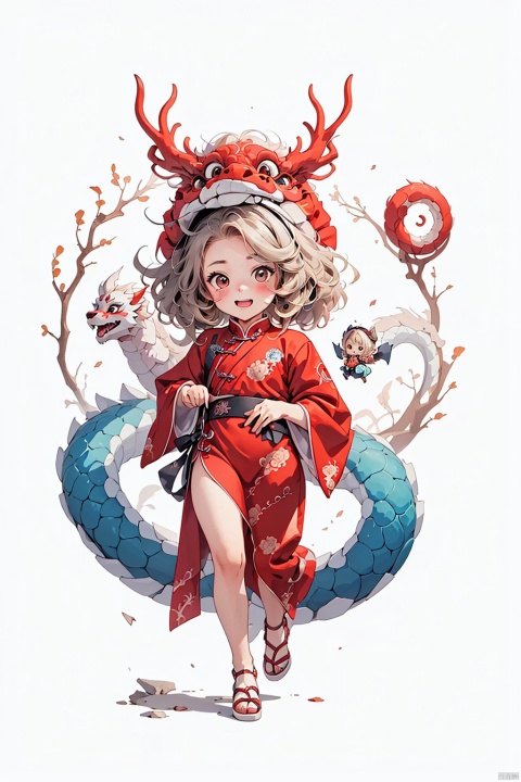  1girl,kp,dragon,chibi,chinese_clothes,red background