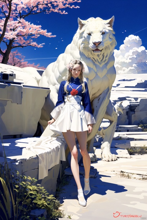  kp,Best Quality, Super High Resolution, a girl (full body photo,) outdoors, white clothes, blue skirt, JK uniform, uniform, full chest, long legs, long hair fluttering, cherry blossom background, blue sky, White Clouds, breeze, turn your face sideways and look to the side, tutututu, lvshui-green dress, jiqing, babata 