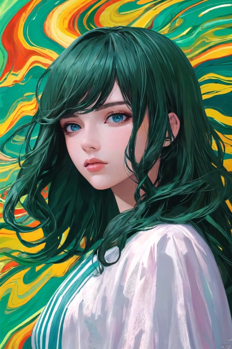  8k, masterpiece,best quality,ultra high res,(colorful:0.8),abstract,illustration,
portrait,(20-year-old girl, curly hair:0.8),(green theme:0.8),