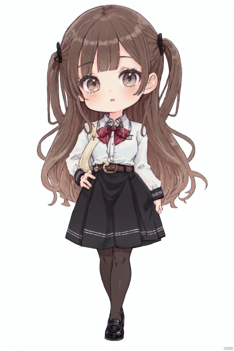  8k, masterpiece,best quality,ultra high res,1girl,solo,skirt,brown hair,long hair,(brown eyes:0.9),white shirt,looking at viewer,pencil skirt,standing,formal,black skirt,long sleeves,belt,full body,black pantyhose, kp