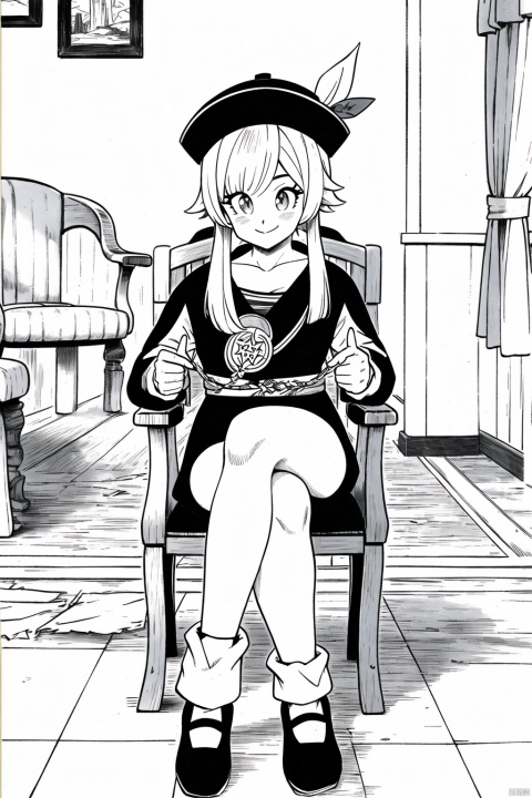 KP,8k,masterpiece,best quality,ultra high res,traditional media, monochrome, greyscale,masterpiece, best quality, furina \(genshin impact\),hat,smile, sitting, crossed legs, ,chair,blue footwear,white socks