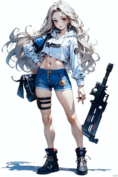 1girl, solo, long hair, breasts, looking at viewer, long sleeves, navel, holding, medium breasts, standing, full body, weapon, white hair, shorts, midriff, hood, grey background, holding weapon, lips, fingernails, hand on hip, gun, short shorts, hoodie, thigh strap, hood down, holding gun, kp, Light master,cyborg