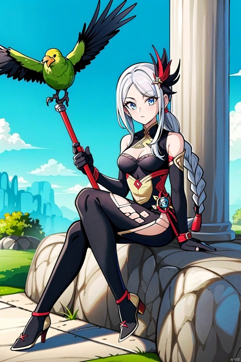  kp,1girl, solo, long hair, breasts, looking at viewer, bangs, blue eyes, hair ornament, gloves, holding, sitting, very long hair, weapon, braid, white hair, grey hair, sky, black gloves, holding weapon, hair over one eye, blue sky, clothing cutout, bodysuit, bird, polearm, tassel, spear, braided ponytail, black bodysuit, hip vent, shoulder cutout, holding polearm, pillar, breast curtain, crane \(animal\), shenhe \(genshin impact\)