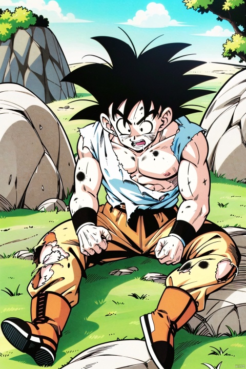  kp,  ((HRD, HUD, 8K)),((masterpiece, best quality)), highly detailed, soft light,Comic, male focus, 1boy, son goku,  wristband, sitting, solo, dirty, torn clothes, spiked hair, full body, rock, dirty clothes, fingernails, dirty face, boots, outdoors, looking afar, simple background, teeth, injury, sitting on rock, torn shirt, pectorals, muscular, grass, dougi, shirt, on ground, looking down, bruise, looking away, collarbone, open mouth, pants, scratches
