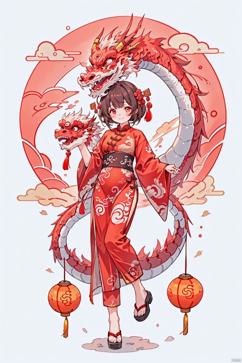 1girl,dragon,kp,red background,chinese clothes,chinese new year,red theme,full body,