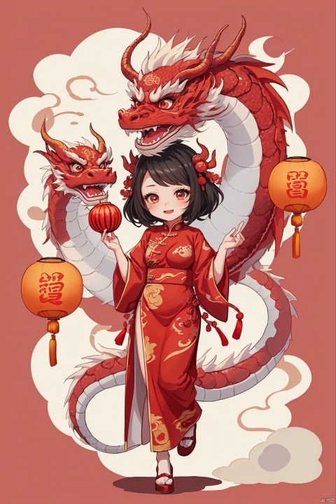  1girl,dragon,kp,(red background:1.6),chinese clothes,chinese new year,red theme,full body,chibi