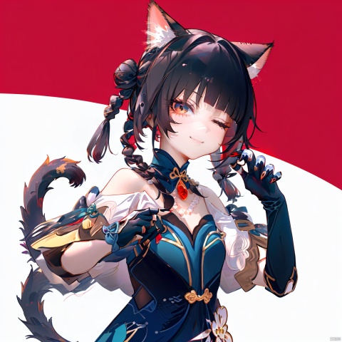  nai3, 1girl, red nails, animal ears, solo, red eyes, cat ears, red hair, one eye closed, tail, twin braids, simple background, braid, white background, cat tail, bangs, dress, ribbon, long hair, nail polish, red ribbon, looking at viewer, neck ribbon, long sleeves, kaenbyou rin, claw pose, black dress, blunt bangs, animal ear fluff, hands up, puffy sleeves, closed mouth, twintails, bow, cowboy shot, smile