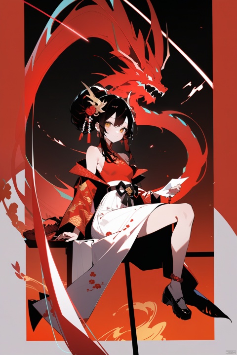  {artist:rella}, {artist:ask(askzy)},[artist:ningen_mame],artist:ciloranko, [artist:rei(sanbonzakura)],(hyper cute girl:1.1025), (flat color, vector art:1.3401), Chinese dragon theme, beautiful detailed eyes, hyper-detailed, hyper quality, eye-beautifully color, face, (her hair is shaped like a Chinese dragon, Chinese dragon, hair, Chinese dragon:1.2763), (1girl:1.2155), (high details, high quality:1.1576), (backlight:1.1576), high quality, (title:happy new year 2024:1.3), (cover design:1.2), simple background, cover art, trim, album_art, 
/, /, /, /, /, /, /, 
1girl, (chibi),himeko, 1girl, solo, red hair, gloves,white dress, jewelry, bangs, earrings, yellow eyes, hair between eyes, breasts, black footwear,
/, /, /, /, 
(((holding a little Chinese dragon))), (((sitting, Chinese dragon on legs))), [[smile]], large breast, dragon, (((Chinese dragon print))), (Loong:1.2), pajamas, kimono, bare shoulders, 
/, /, /, /, /, /, 
Chinese text,red_bandeau,year of the loong,loong pattern,lantern, red background, ((simple background)), ((happy new year 2024, new year theme, new year, 2024, gift box,)), (red decorations on dragon), ((Chinese new year)), Chinese knot, red ornaments, spring festival, 
/, /, /, /, /, /, /, 
hair with body, CTA dress, CAY leg, Loong hands, body with Loong, dress with Loong, light particles, (Hair with Loong:1.2155), small breast with Loong, 1girl, small breast, marbling with hair and clothes, (original:1.1025), (arm down:1.1025), (paper cutting:1.1025), 
------, 
Low saturation,grandmasterpiece,Perfectcomposition,filmlight,lightart
,鏃�, eastern dragon, nai3,himeko