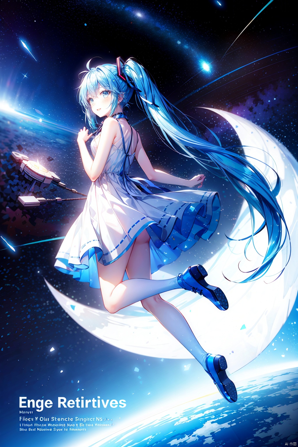  (english text:1.25),(from side), blue theme, floating_hair, space_hair, science_instrument, flying , night, blue eyes, skirt hold,(inside the space station), light_particles,1girl, very long hair, twintails, solo, hatsune miku, dress, blue hair, full body,(earth out of window), star (sky), starry sky,
