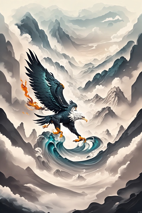 1. Eagle soaring amidst the ink wash, dominating the vast sky.
2. Proportionally scaled to 9/2 of the landscape, wings spread wide, riding the wind.
3. Dominant portrayal of the eagle, commanding the entirety of the sky.
4. Beneath the eagle lies the boundless sea, tumultuous waves depicted with dynamic ink strokes.
5. Spectacular depiction of turbulent waves intertwined with ink techniques.
6. Distant mountains undulate, shrouded in swirling clouds, adding an air of mystery.
7. Mountains portrayed with intricate ink strokes, vibrant greens, and powerful lines.
8. Clouds drifting between peaks, enhancing the mysterious atmosphere.
9. Traditional ink techniques capturing the grandeur of nature, balanced ink shades accentuating the scene.
10. Eagle rising into the sky, symbolizing ambition and transcendent spirit, gradually merging with the clouds, its figure diminishing.1. Mythical phoenix navigating through layers of clouds.
2. Elusive presence of the phoenix amidst the clouds.
3. Subtle movements of the phoenix within the cloud cover.
4. Enigmatic flight of the phoenix among the clouds.
5. Mysterious appearance of the phoenix, veiled by shifting clouds.
6. Intriguing sight of the phoenix, blending with the cloud formations.
7. Transcendent phoenix weaving through the ethereal veil of clouds.
8. Evocative image of the phoenix, obscured yet discernible in the mist.
9. Graceful dance of the phoenix amid the billowing clouds.
10. Illusive phoenix, flickering in and out of view amidst the cloudscape.