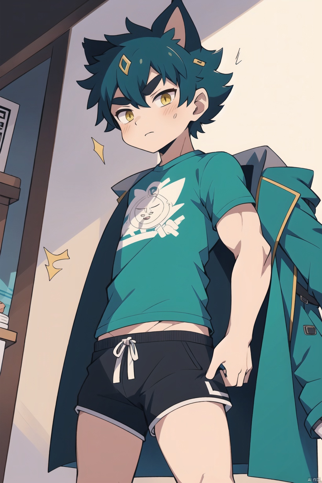  in this day and age,few things have aroused more cute than cat boy. to my way of thinking,it offers much food for flection. the catboy can be interpreted that the boy have muscle and Youth anvitality.T-shirt, shorts, coat, Male focus, (\shen ming shao nv\), Masturbation,