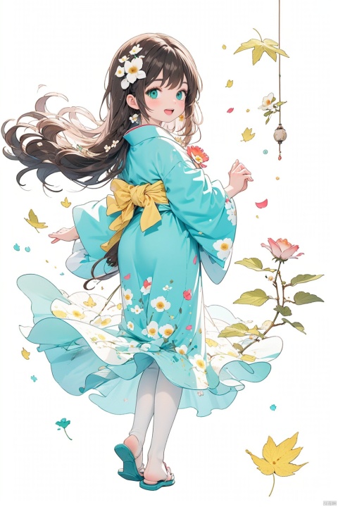  1girl, aerith_gainsborough, brown_hair, cherry_blossoms, confetti, falling_petals, floral_print, flower, green_eyes, hair_flower, hair_ornament, interlocked_fingers, japanese_clothes, jewelry, kimono, long_hair, looking_at_viewer, open_mouth, own_hands_together, petals, pink_dress, rose_petals, sandals, smile, solo, very_long_hair, backlight, colors, white pantyhose
, 1 girl, Light-electric style, autumn yellow leaves, childpaiting