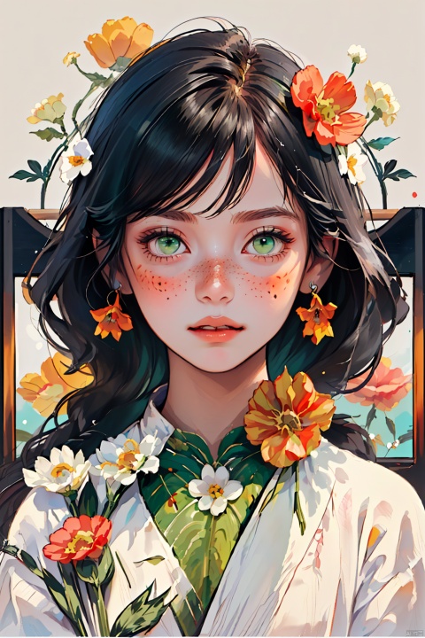  1girl, solo, long hair, looking at viewer, black hair, green eyes, flower,(((flower in the upper right and lower left corner of the screen, big flowers cover the face))), parted lips, artist name, leaf, plant, portrait, freckles,red flower,, flat,bichu, CX, TT, NijiCute