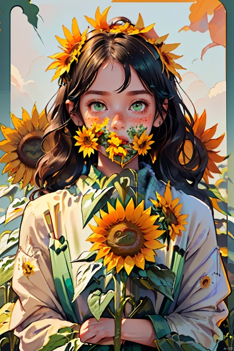  1girl, solo, long hair, looking at viewer, black hair, green eyes, flower,(((Sunflower in the upper right and lower left corner of the screen, big flowers cover the face))), parted lips, artist name, leaf, plant, portrait, freckles, yellow flower, sunflower, flat,bichu, CX, TT, NijiCute