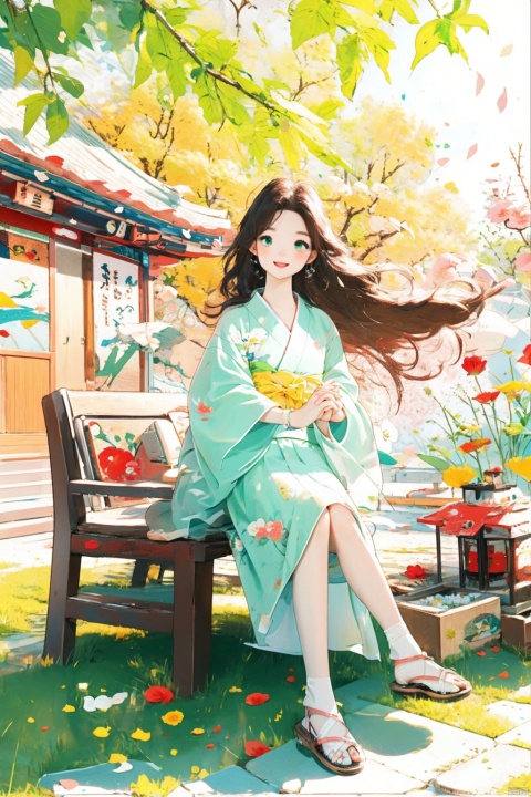  1girl, aerith_gainsborough, brown_hair, cherry_blossoms, confetti, falling_petals, floral_print, flower, green_eyes, hair_flower, hair_ornament, interlocked_fingers, japanese_clothes, jewelry, kimono, long_hair, looking_at_viewer, open_mouth, own_hands_together, petals, pink_dress, rose_petals, sandals, smile, solo, very_long_hair, backlight, colors, white pantyhose
, 1 girl, Light-electric style, autumn yellow leaves, childpaiting