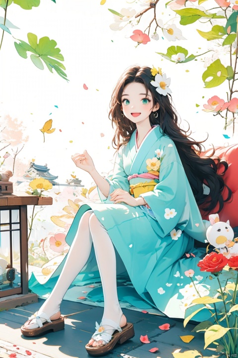  1girl, aerith_gainsborough, brown_hair, cherry_blossoms, confetti, falling_petals, floral_print, flower, green_eyes, hair_flower, hair_ornament, interlocked_fingers, japanese_clothes, jewelry, kimono, long_hair, looking_at_viewer, open_mouth, own_hands_together, petals, pink_dress, rose_petals, sandals, smile, solo, very_long_hair, backlight, colors, white pantyhose
, 1 girl, Light-electric style, autumn yellow leaves, childpaiting