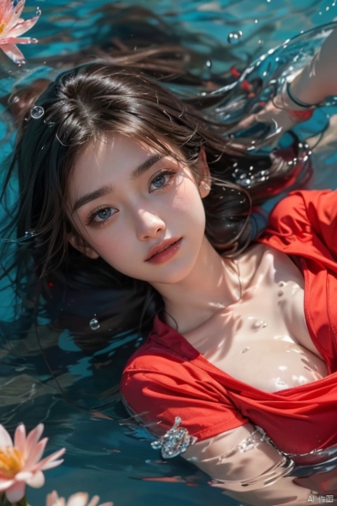  1 girl,red shirt,water drop, water, partially submerged,flower,air bubble,smile,shout,air bubble,from above,Lying down,