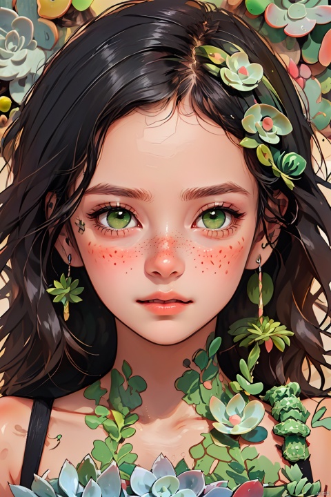  1girl, solo, long hair, looking at viewer, black hair, green eyes,succulent plants
, flower,(((succulent plants
 in the upper right and lower left corner of the screen,succulent plants
 cover the face))), parted lips, artist name, leaf, plant, portrait, freckles,red flower,, flat,bichu, CX, TT, NijiCute