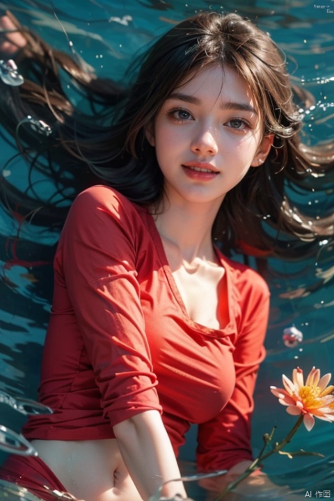  1 girl,red shirt,water drop, water, partially submerged,flower,air bubble,smile,shout,air bubble,from above,Lying down,