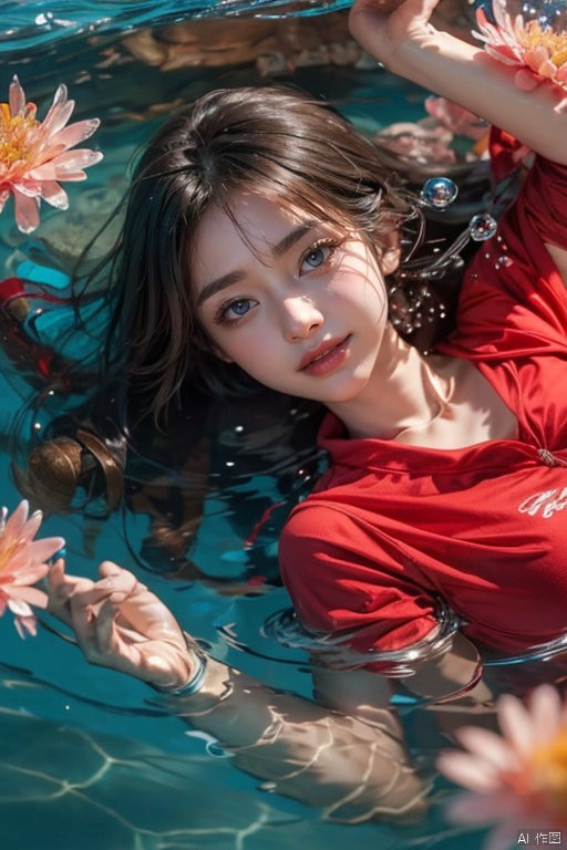  1 girl,red shirt,water drop, water, partially submerged,flower,air bubble,smile,shout,air bubble,from above,Lying down,