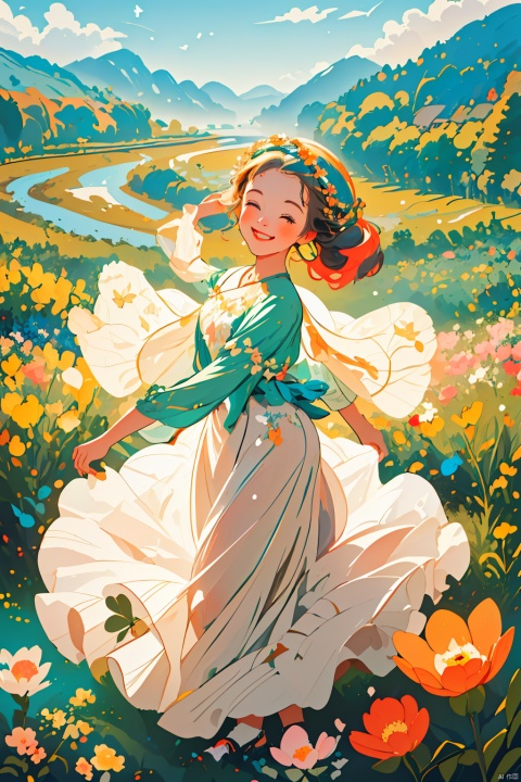  The girl has colorful butterflies on her head and is surrounded by a flower wreath in the valley. The details are prominent, bright colors, wide-angle lenses, natural light, dancing, and joyful., ((poakl)), flat, TT,